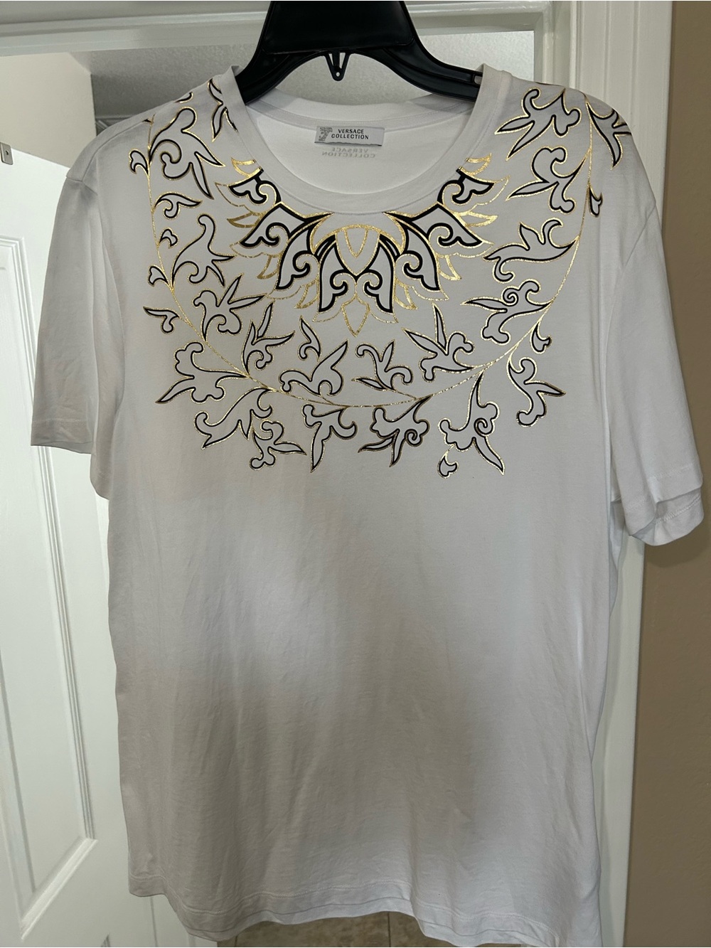 Versace White Short-Sleeve Tee with Gold and Black Filigree
